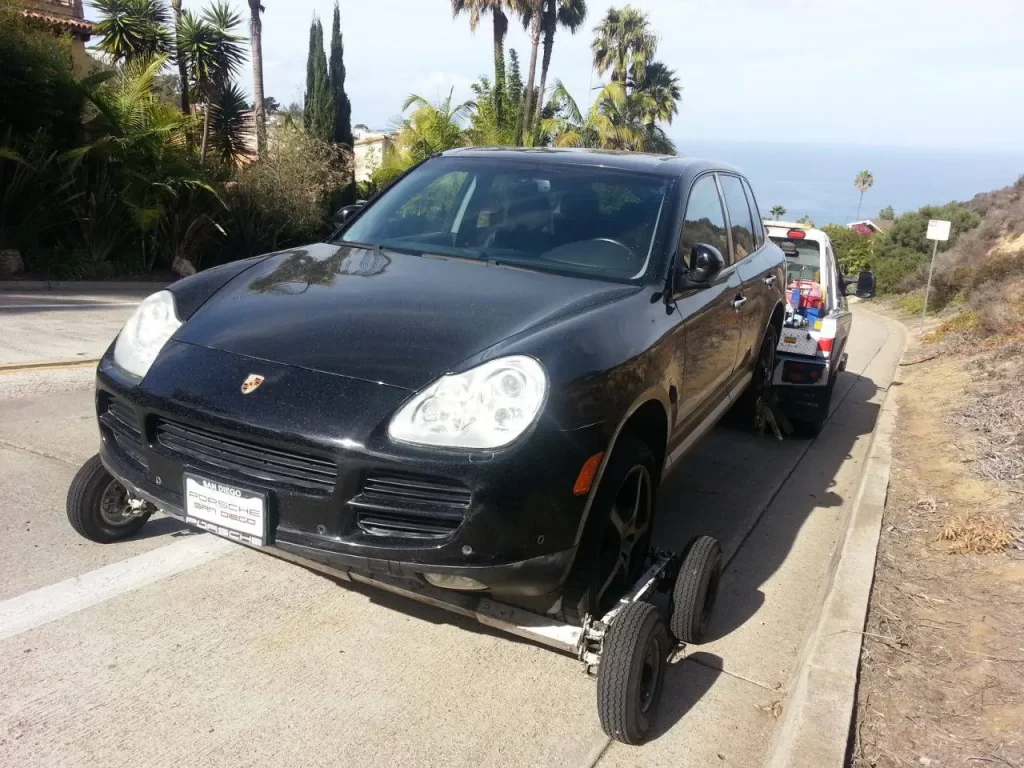 Porsche Cayenne on dollies. It's an all wheel drive car so it's tires can't touch the ground.