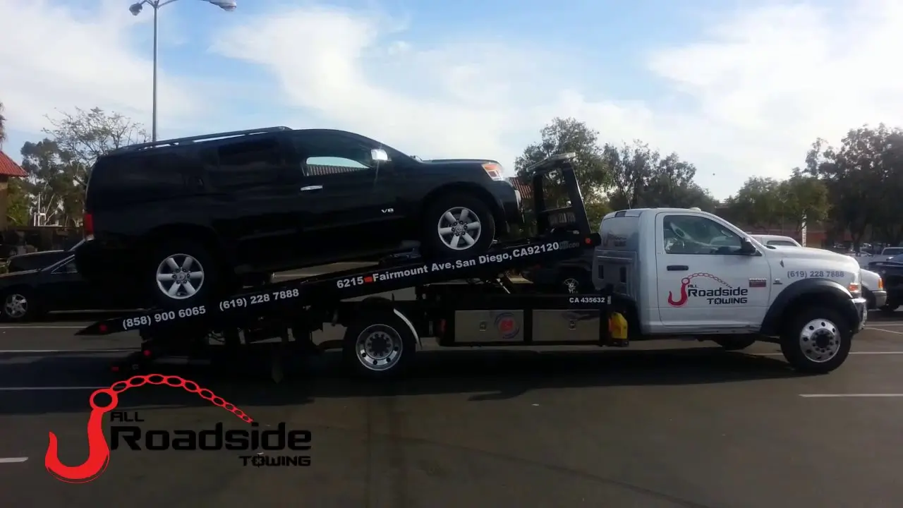 A screen shot of an All Roadside Video demonstrating how to properly load and unload a vehicle from a flatbed.